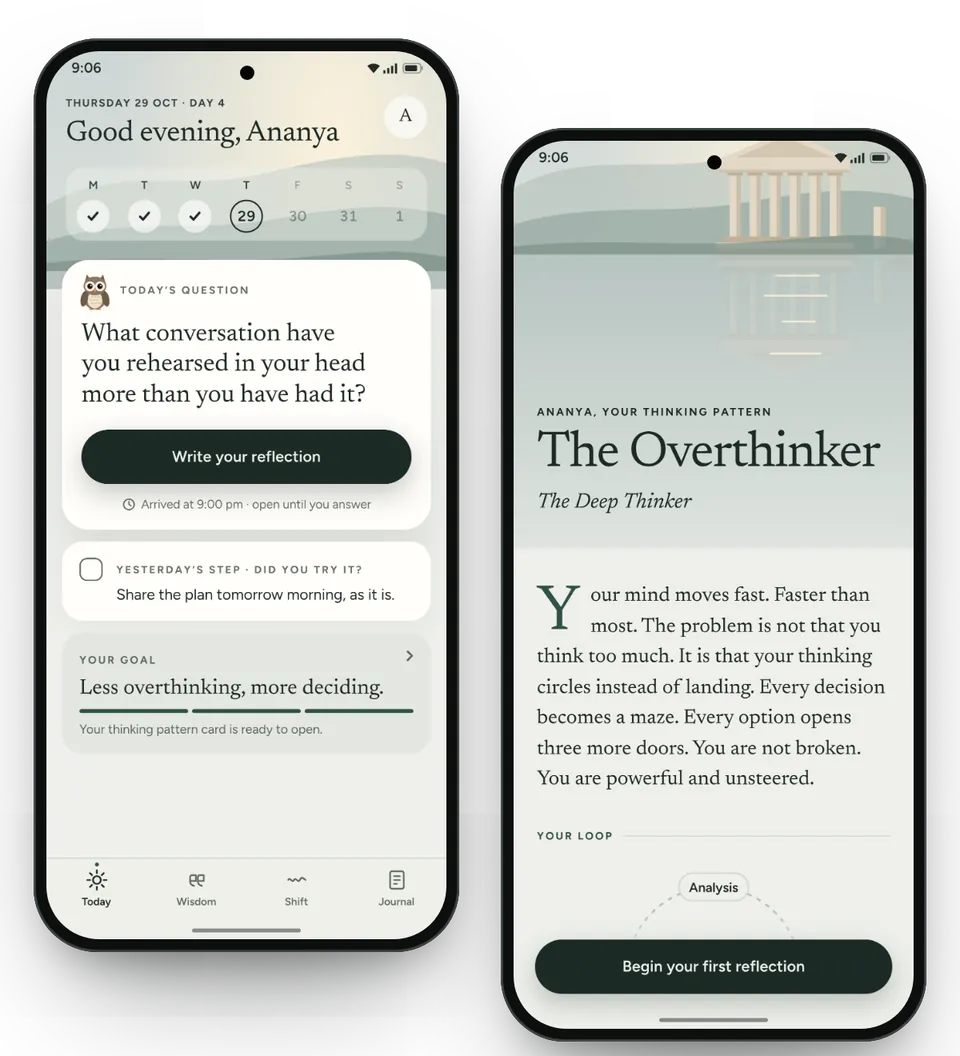 MindShift on Android in the Stoic path: today's question from the Owl, and a thinking pattern report