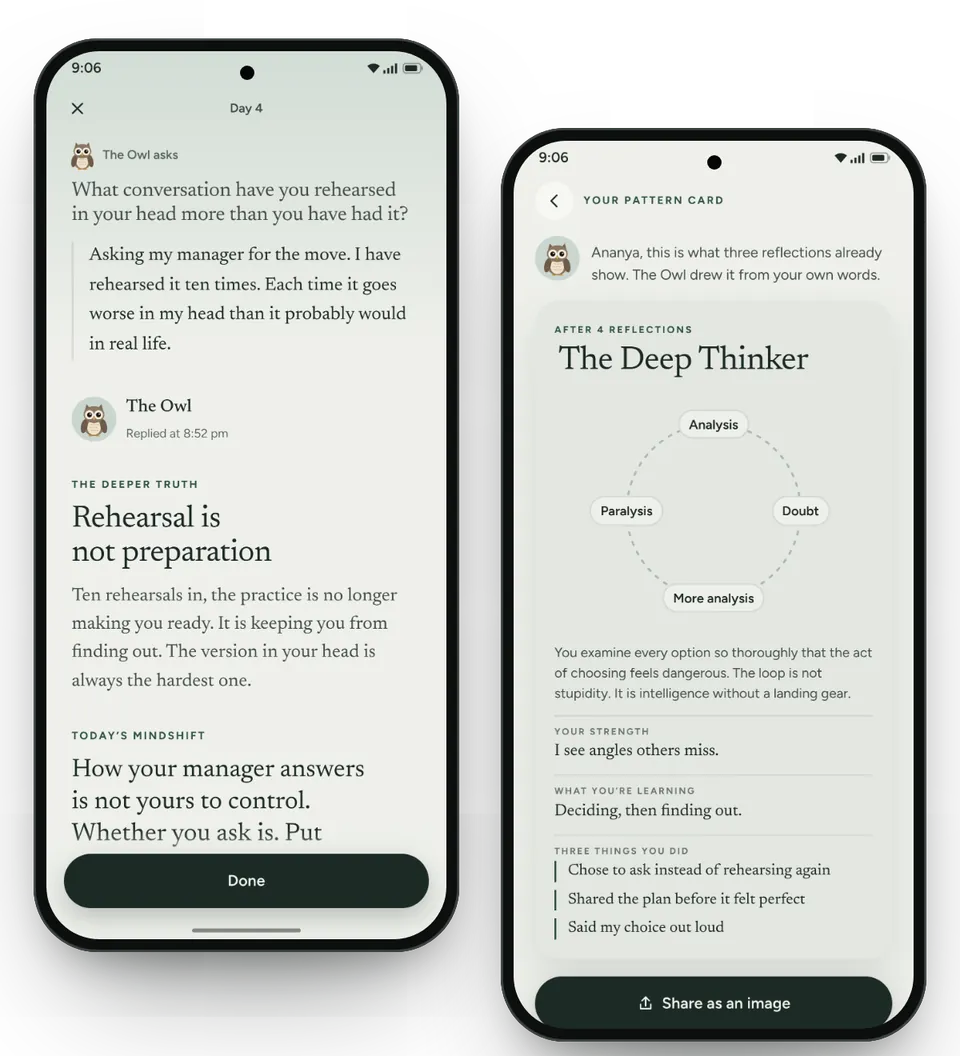 MindShift on Android: a reply titled Rehearsal is not preparation, and a thinking pattern card for the Deep Thinker